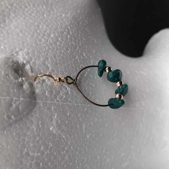 Gold Toned Hoop Drop Dangle Hook Earrings Gold Toned and Green Stone Like Beads - Picture 4 of 6